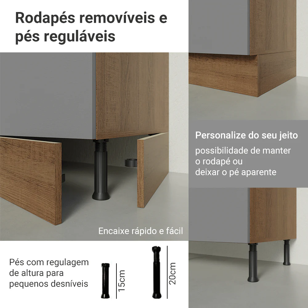 Balcão Cozinha 120 x 60 cm 2 Portas e 3 Gavetas (Com Tampo) Rustic/Cinza Agata Madesa - Image 8
