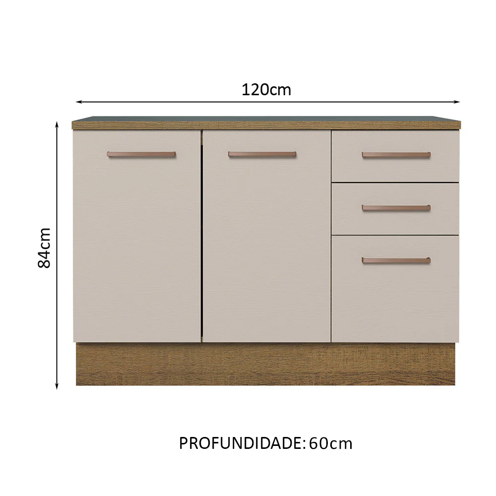 Balcão Cozinha 120 x 60 cm 2 Portas e 3 Gavetas (Com Tampo) Rustic/Crema Agata Madesa - Image 2