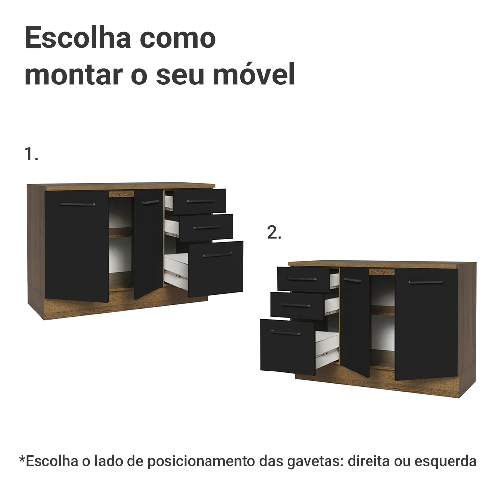 Balcão Cozinha 120 x 60 cm 2 Portas e 3 Gavetas (Com Tampo) Rustic/Preto Agata Madesa - Image 4