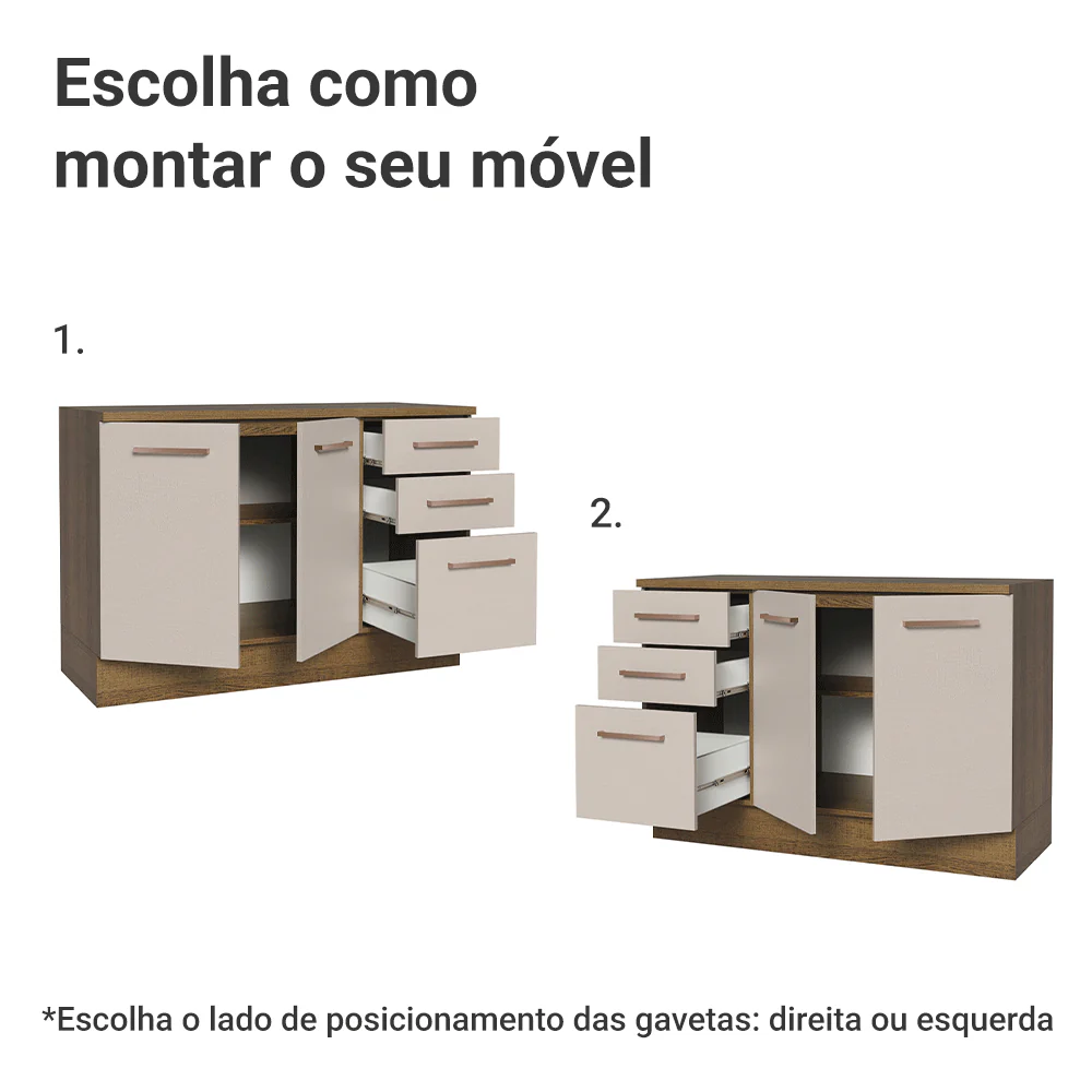 Balcão Cozinha 2 Portas e 3 Gavetas (Com Tampo) Rustic/Crema Agata Madesa - Image 4
