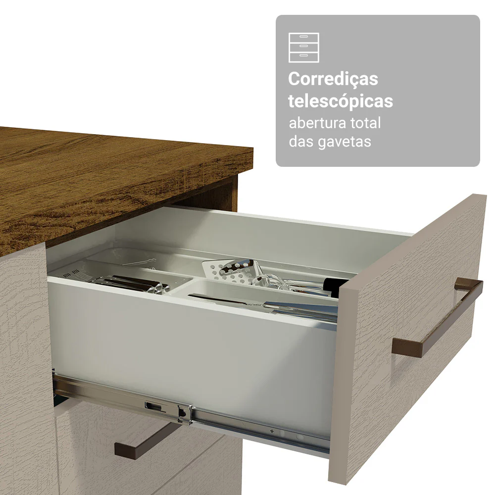 Balcão Cozinha 2 Portas e 3 Gavetas (Com Tampo) Rustic/Crema Agata Madesa - Image 6
