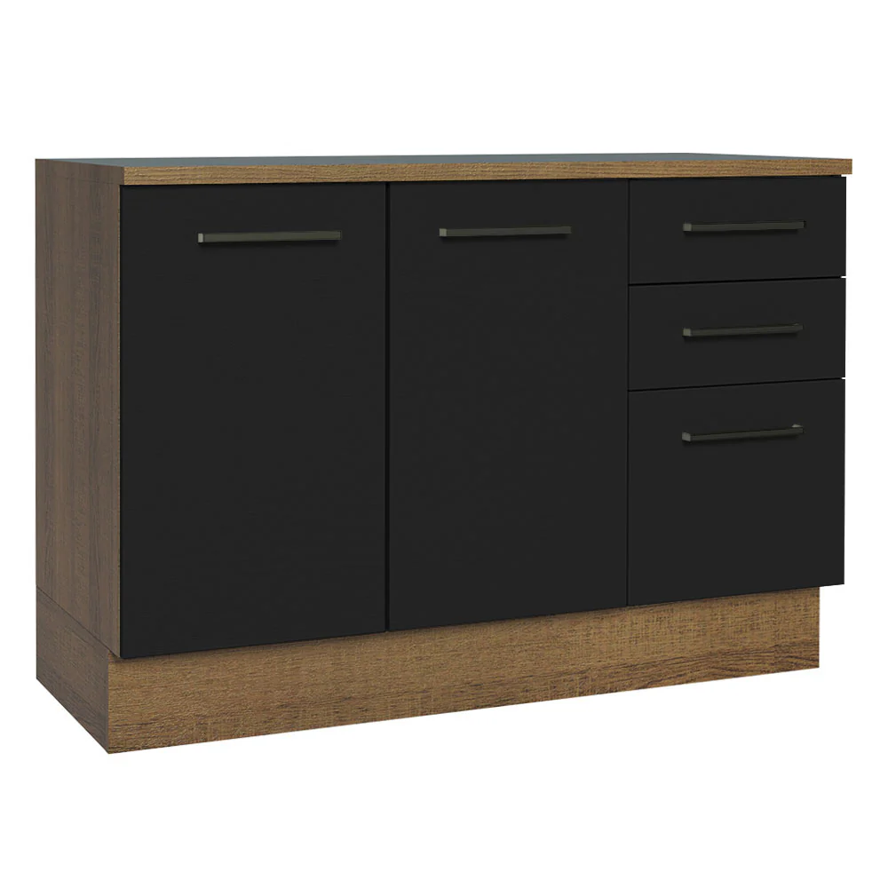 Balcão Cozinha 2 Portas e 3 Gavetas (Com Tampo) Rustic/Preto Agata Madesa