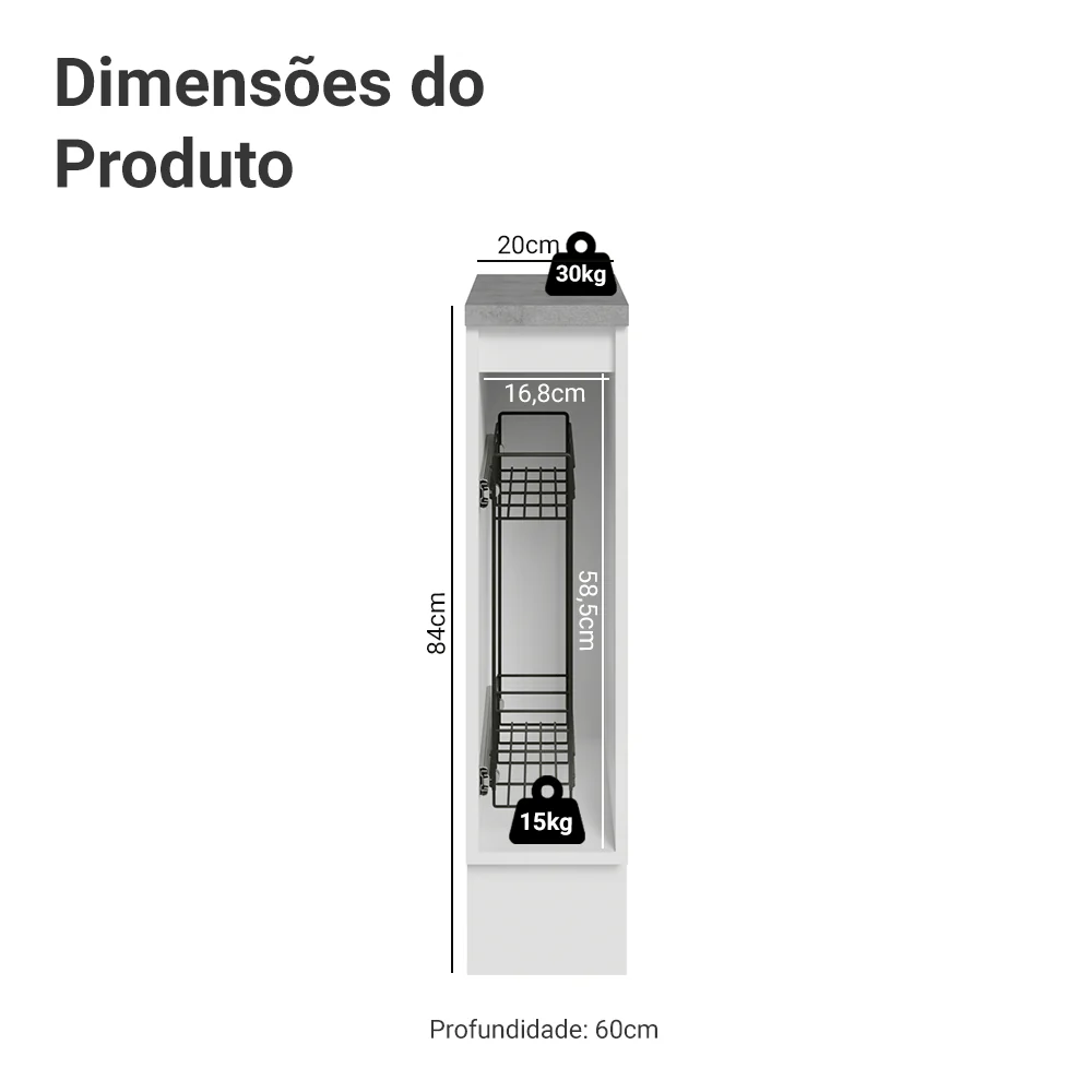 Balcão Porta-Temperos 20x60 cm 1 Porta (Com Tampo) Branco/Azul Vik Madesa - Image 3
