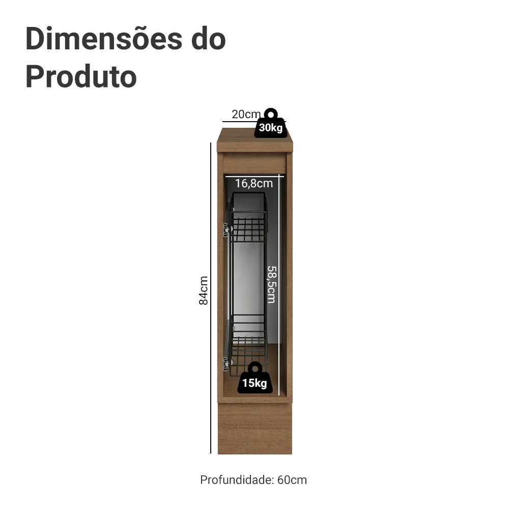 Balcão Porta-Temperos 20x60 cm 1 Porta (Com Tampo) Rustic/Cinza Vik Madesa - Image 3
