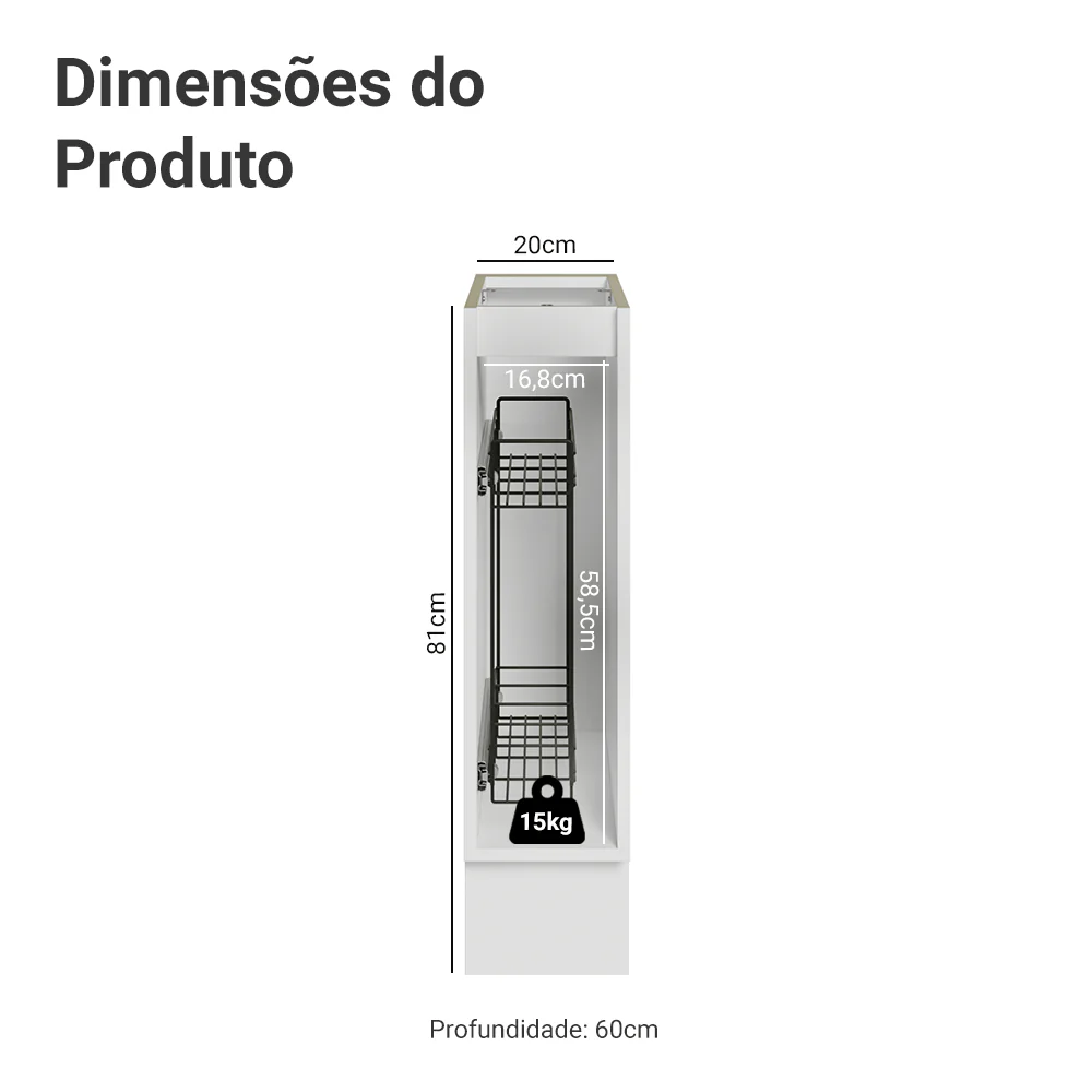 Balcão Porta-Temperos 20x60 cm 1 Porta (Sem Tampo) Branco Vik Madesa - Image 3