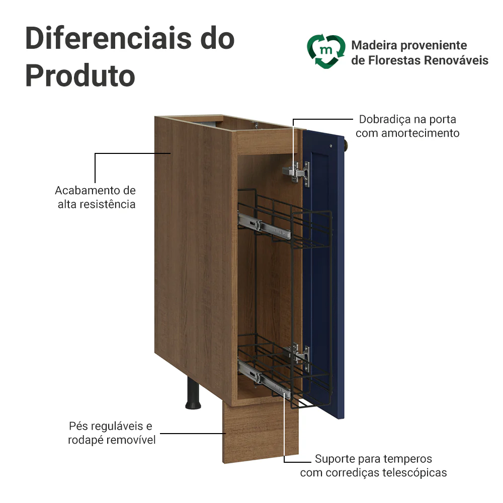 Balcão Porta-Temperos 20 cm 1 Porta (Sem Tampo) Rustic/Azul Vik Madesa - Image 4