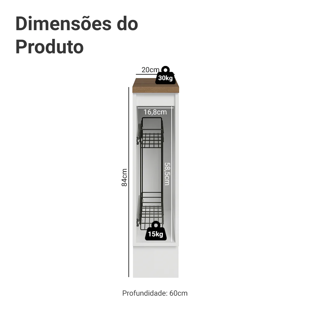 Balcão Porta-Temperos 20 x 60 cm 1 Porta (Com Tampo) Branco Veludo/ Rustic Lux Madesa - Image 3