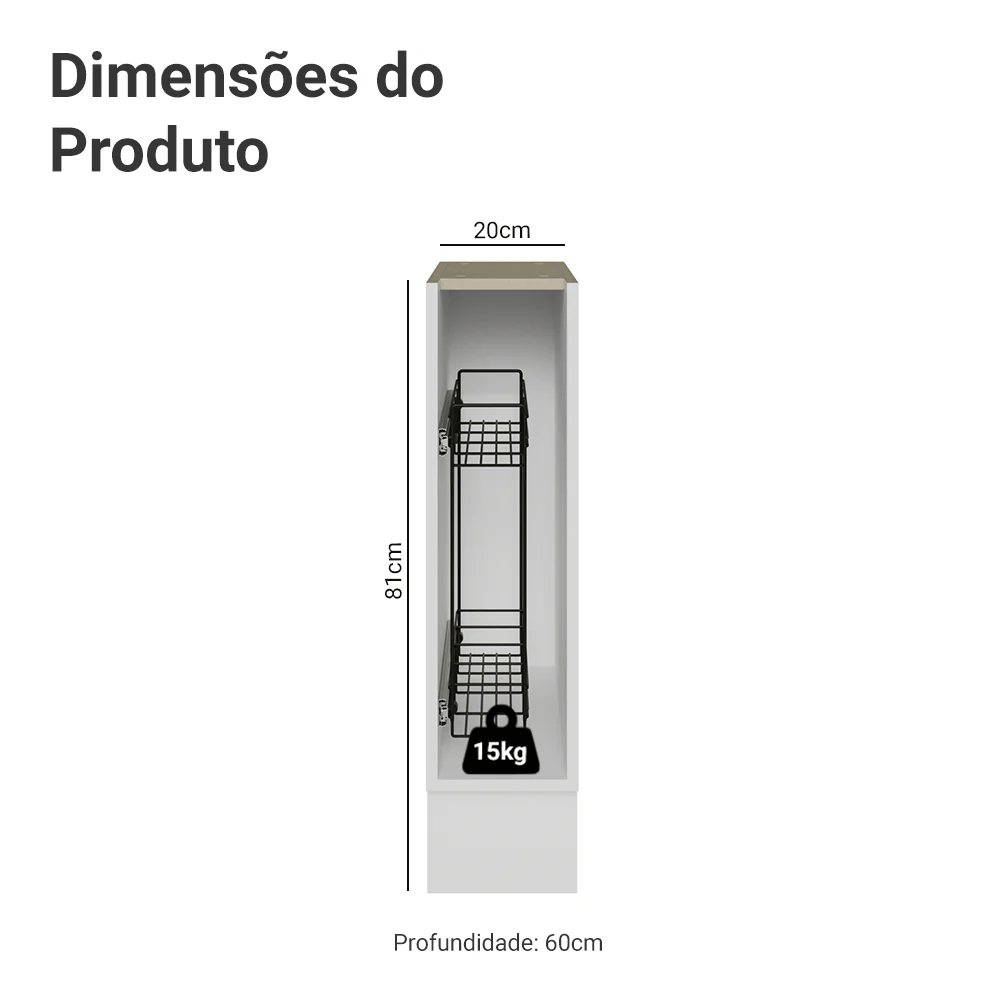 Balcão Porta-Temperos 20 x 60 cm (Sem Tampo) para Cozinhas Branco Madesa - Image 2