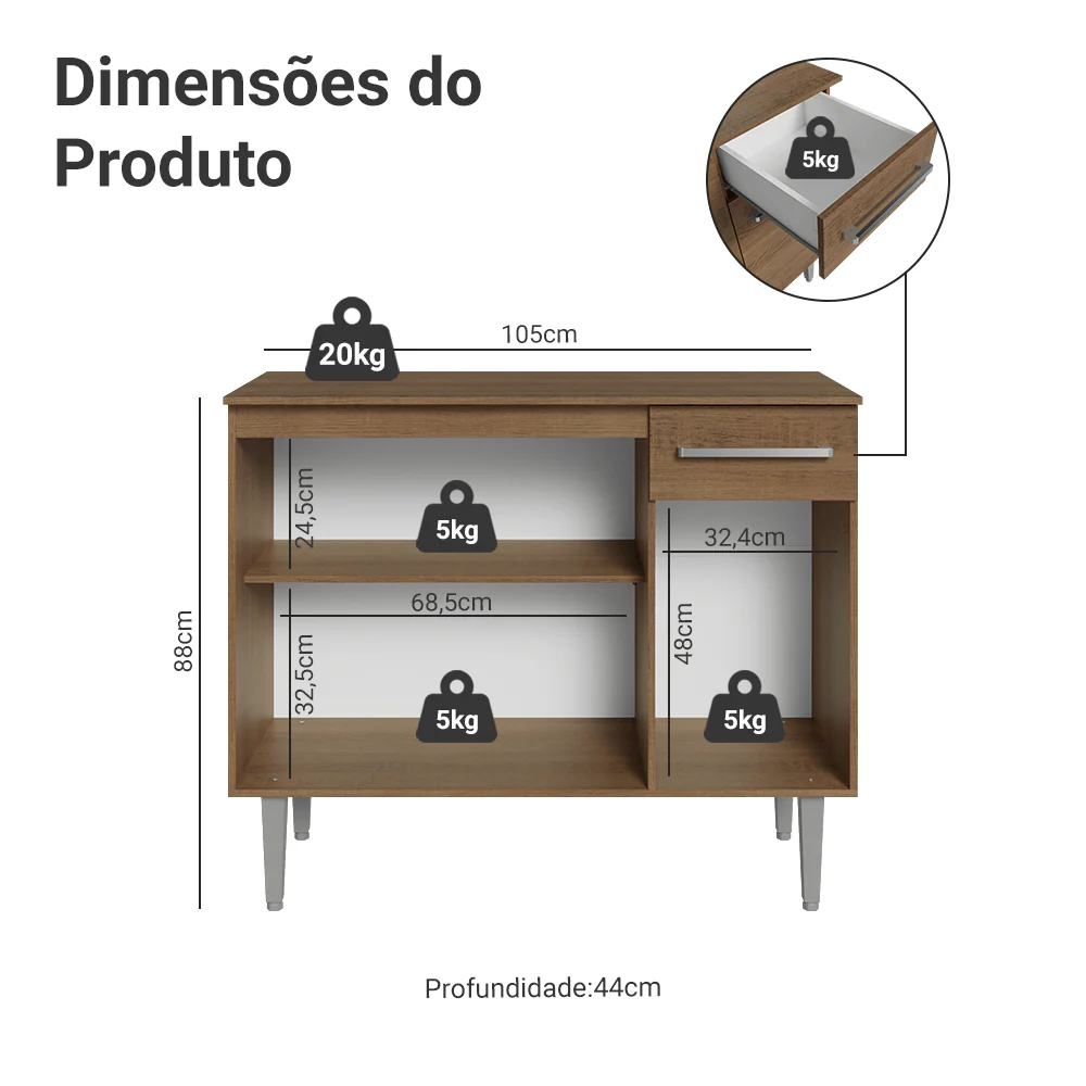 Buffet Aparador 105cm 3 Portas e 1 Gaveta Rustic Madesa - Image 3
