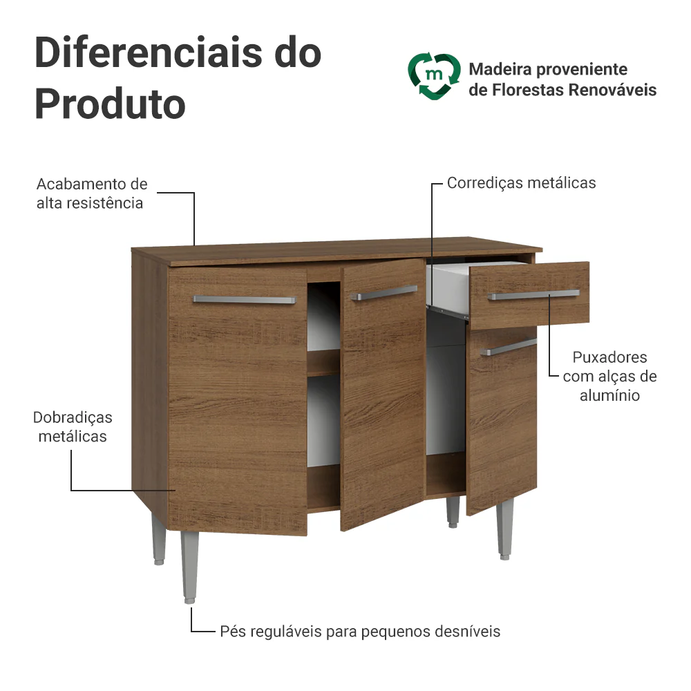 Buffet Aparador 105cm 3 Portas e 1 Gaveta Rustic Madesa - Image 4