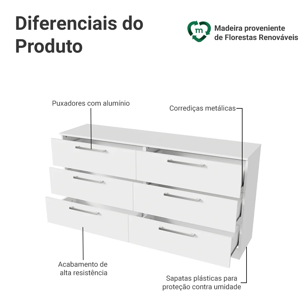 Cômoda com 6 Gavetas Branco Laura Madesa - Image 4