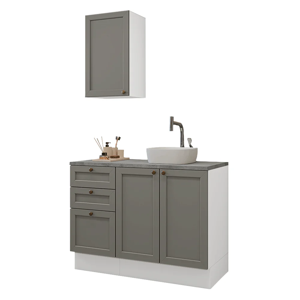 Conjunto Gabinete para Banheiro 110cm 3 Gavetas 3 Portas Branco/Cinza Vik Madesa 01 - Image 2