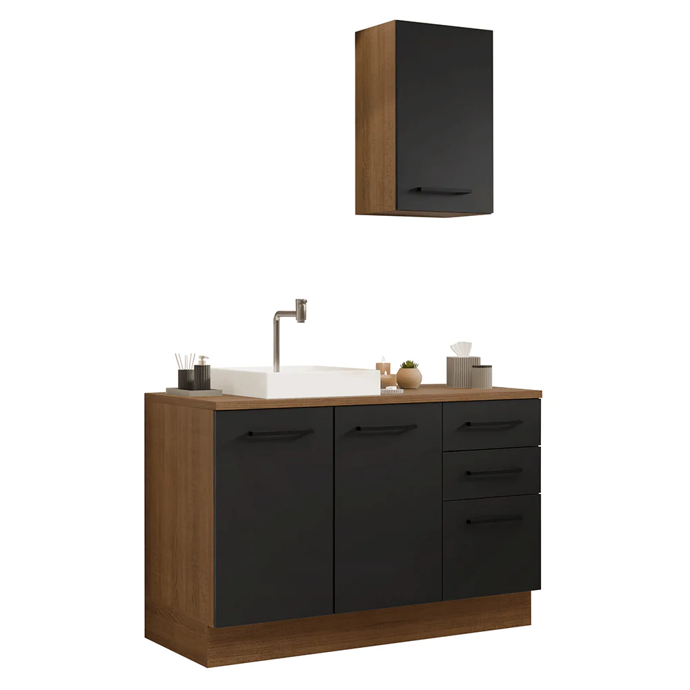 Conjunto Gabinete para Banheiro 120cm 3 Portas 3 Gavetas Rustic/Preto Agata Madesa 01 - Image 2