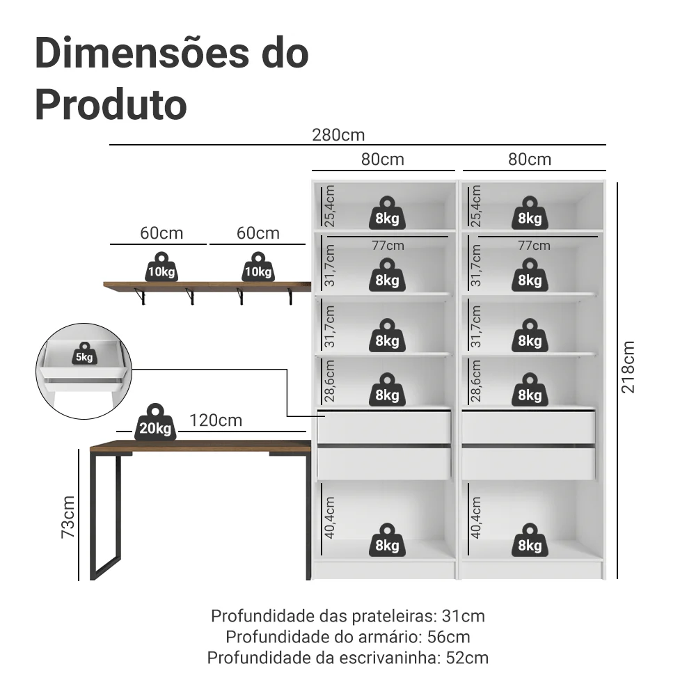 Conjunto Home Office 2 Armários Neo com Espelhos 1 Escrivaninha 2 Prateleiras Branco/Rustic Madesa - Image 3