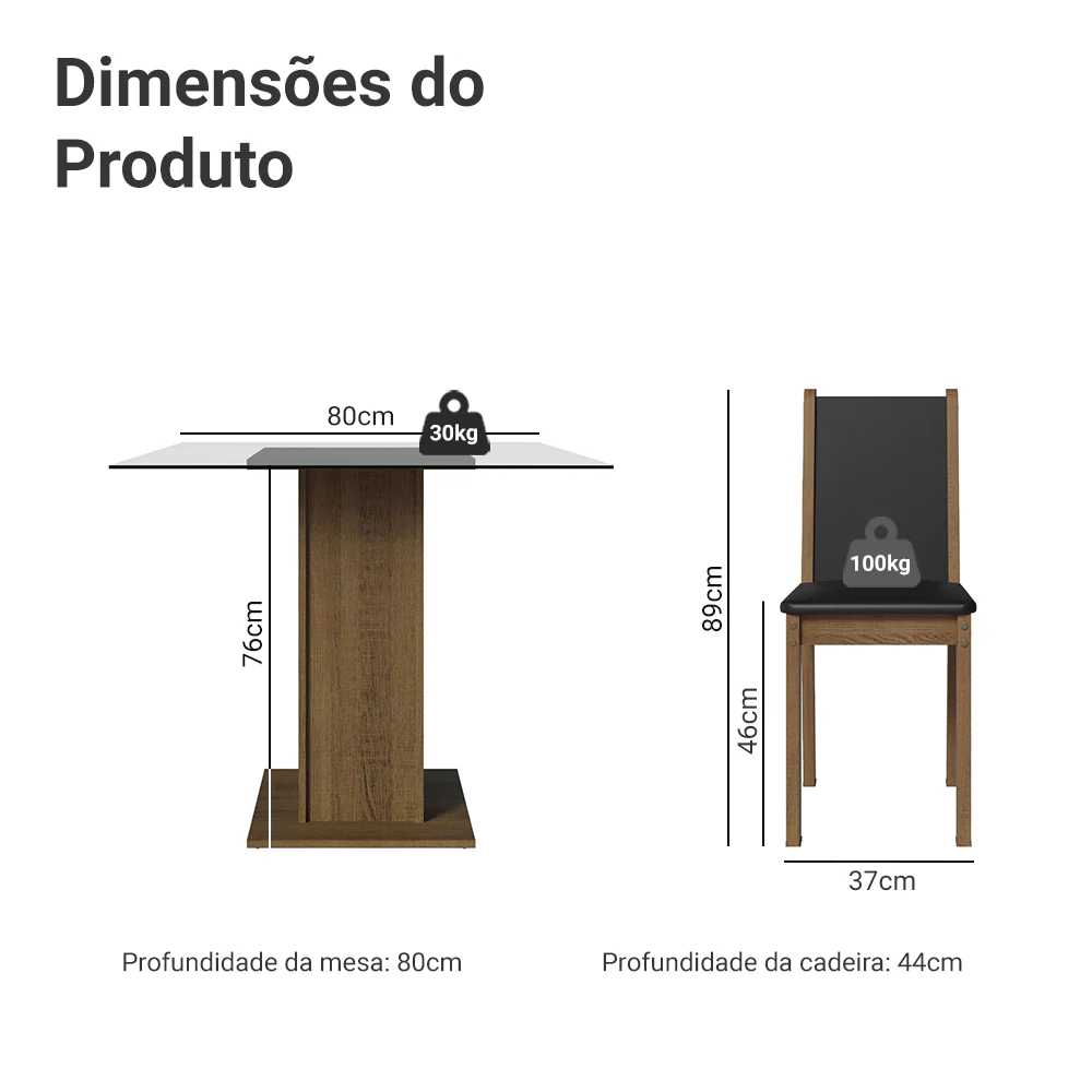 Conjunto Sala de Jantar Aline Madesa Mesa Tampo de Vidro com 4 Cadeiras Rustic/Preto - Image 3