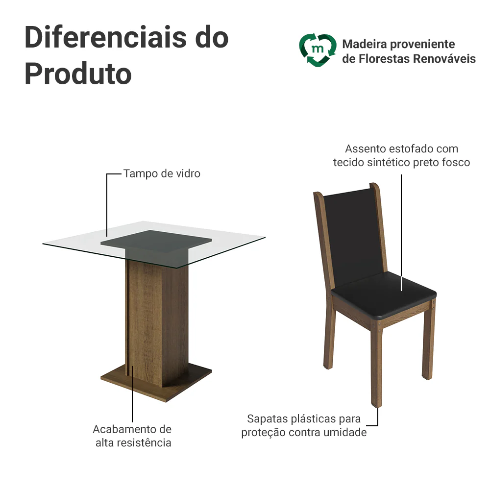 Conjunto Sala de Jantar Aline Madesa Mesa Tampo de Vidro com 4 Cadeiras Rustic/Preto - Image 4