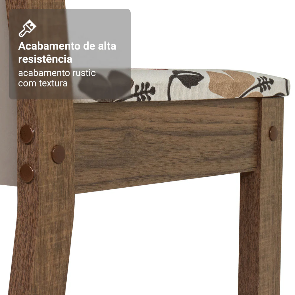 Conjunto Sala de Jantar Alva Mesa Tampo de Madeira 4 Cadeiras Rustic/Crema/Floral Hibiscos Madesa - Image 9
