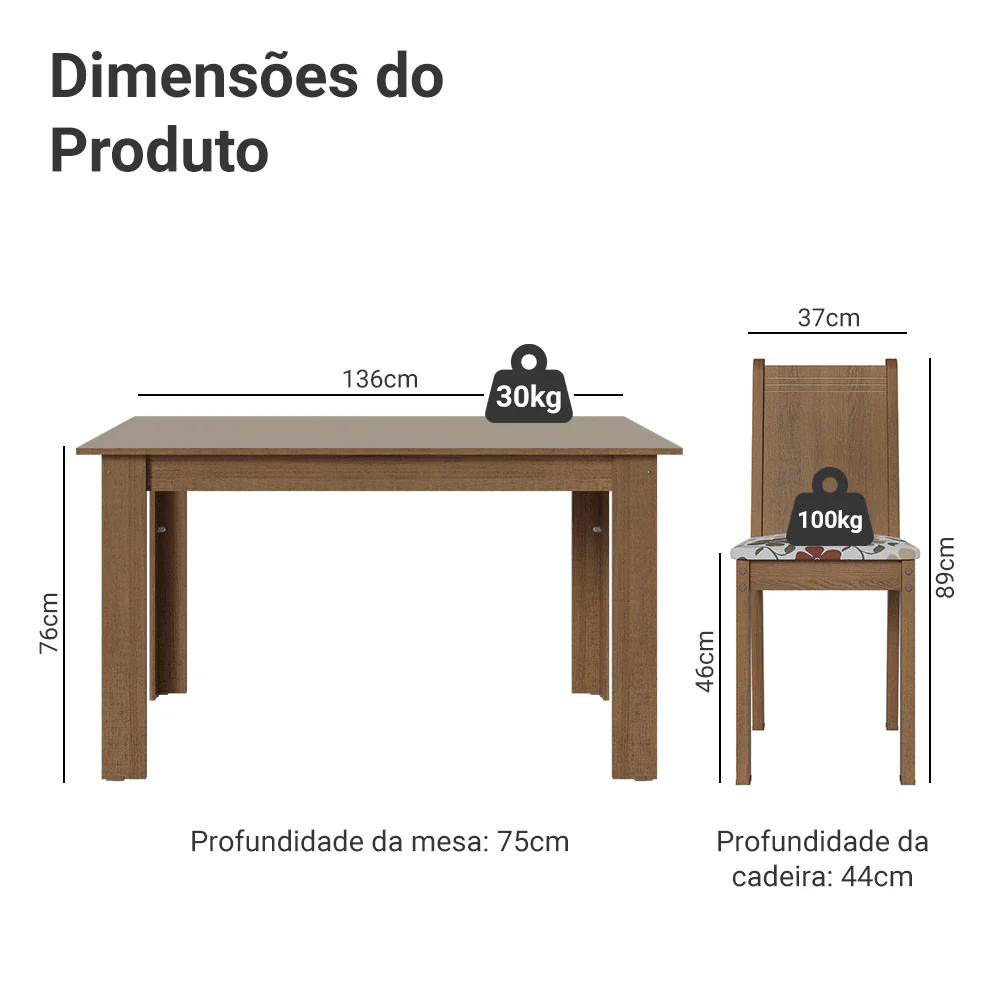 Conjunto Sala de Jantar Amora Mesa Tampo de Madeira 4 Cadeiras Rustic/Crema/Floral Hibiscos Madesa - Image 3