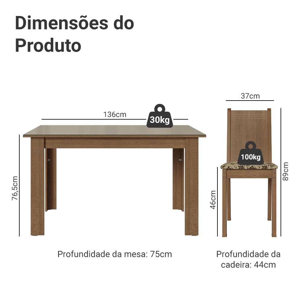 Conjunto Sala de Jantar Avelã Mesa Tampo de Vidro 4 Cadeiras Rustic/Crema/Bege Marrom Madesa - Image 3