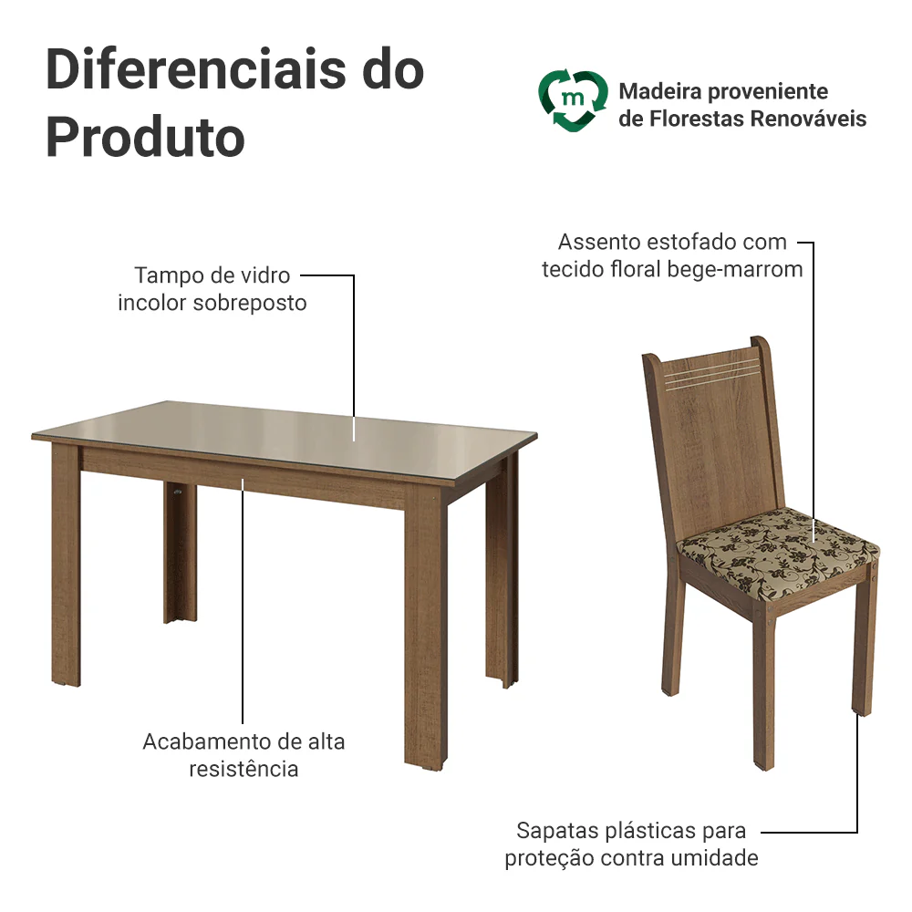 Conjunto Sala de Jantar Avelã Mesa Tampo de Vidro 4 Cadeiras Rustic/Crema/Bege Marrom Madesa - Image 4