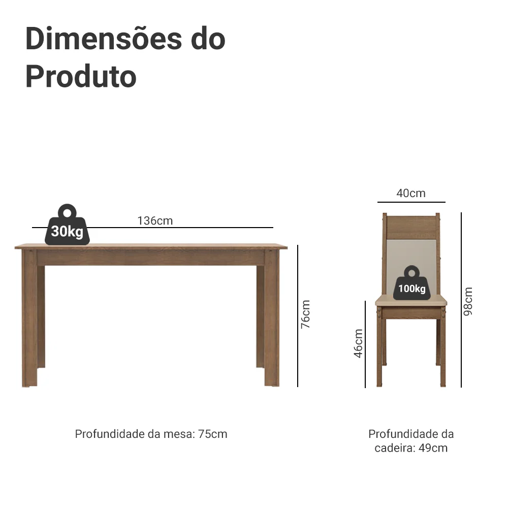 Conjunto Sala de Jantar Honduras Madesa Mesa Tampo de Madeira com 6 Cadeiras Rustic/Crema/Sintético Bege - Image 3