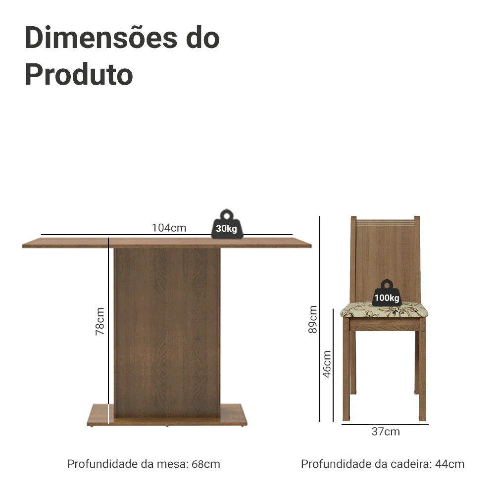 Conjunto Sala de Jantar Lexy Madesa Mesa Tampo de Madeira com 4 Cadeiras Rustic/Floral Lírio Bege - Image 3