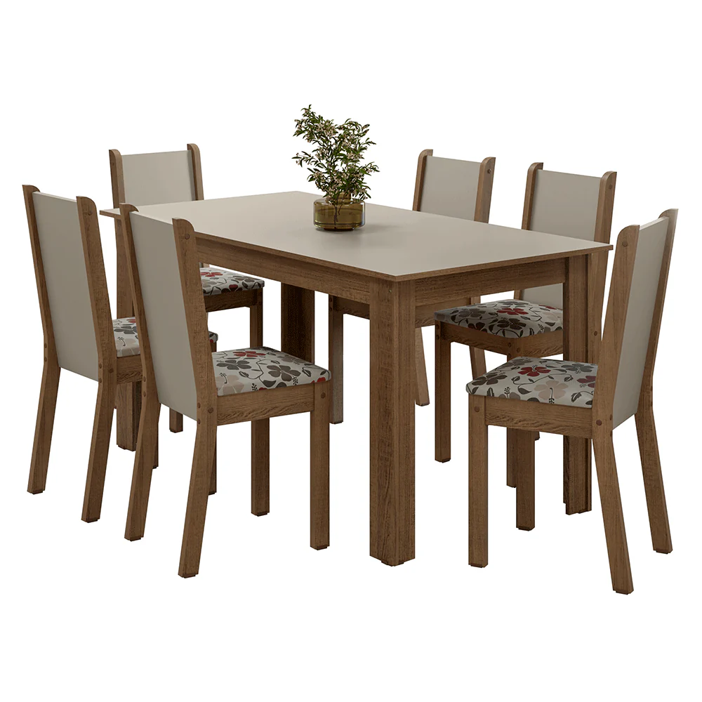 Conjunto Sala de Jantar Lucena Mesa Tampo de Madeira 6 Cadeiras Rustic/Crema/Floral Hibiscos Madesa - Image 2