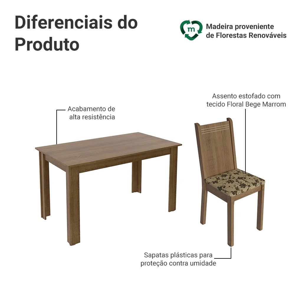 Conjunto Sala de Jantar Mesa Tampo de Madeira com 6 Cadeiras Rustic/Bege Marrom Madesa Analu - Image 4