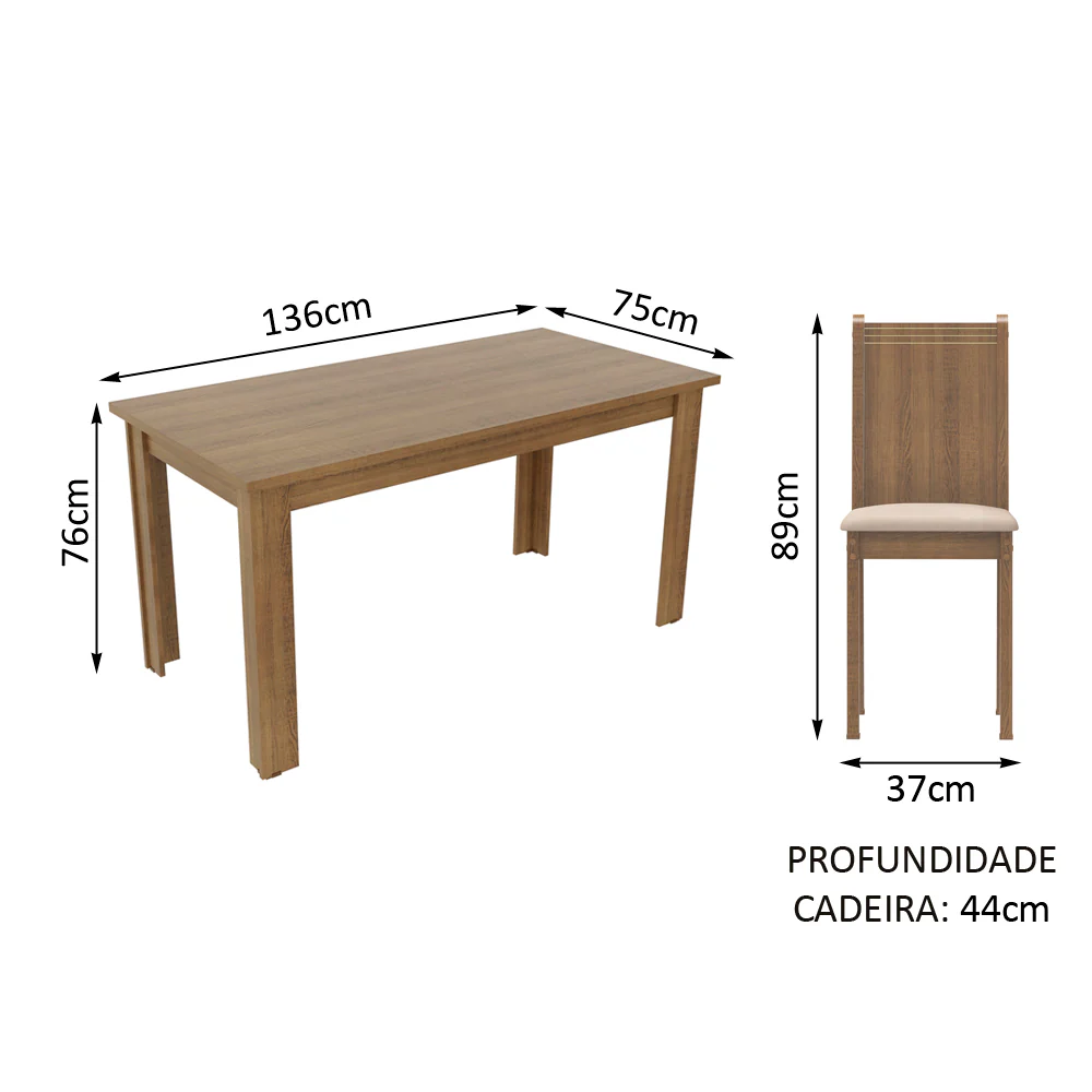 Conjunto Sala de Jantar Madesa Analu Mesa Tampo de Madeira com 6 Cadeiras Rustic/Sintético Bege - Image 5