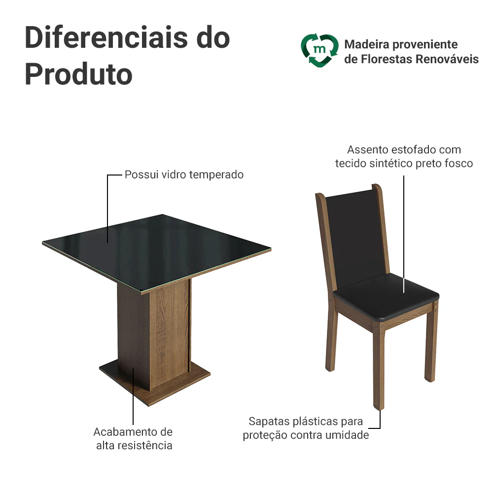 Conjunto Sala de Jantar Moscou Plus Madesa Mesa Tampo de Vidro com 4 Cadeiras Rustic/Preto - Image 4