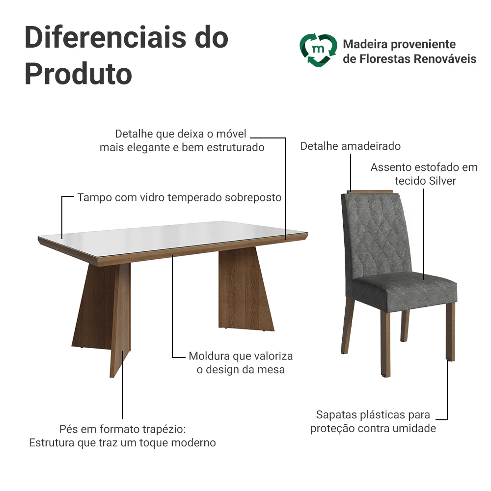Conjunto Sala de Jantar Tampo com Vidro 6 Cadeiras Rustic/Branco/Silver Pienza Madesa - Image 4