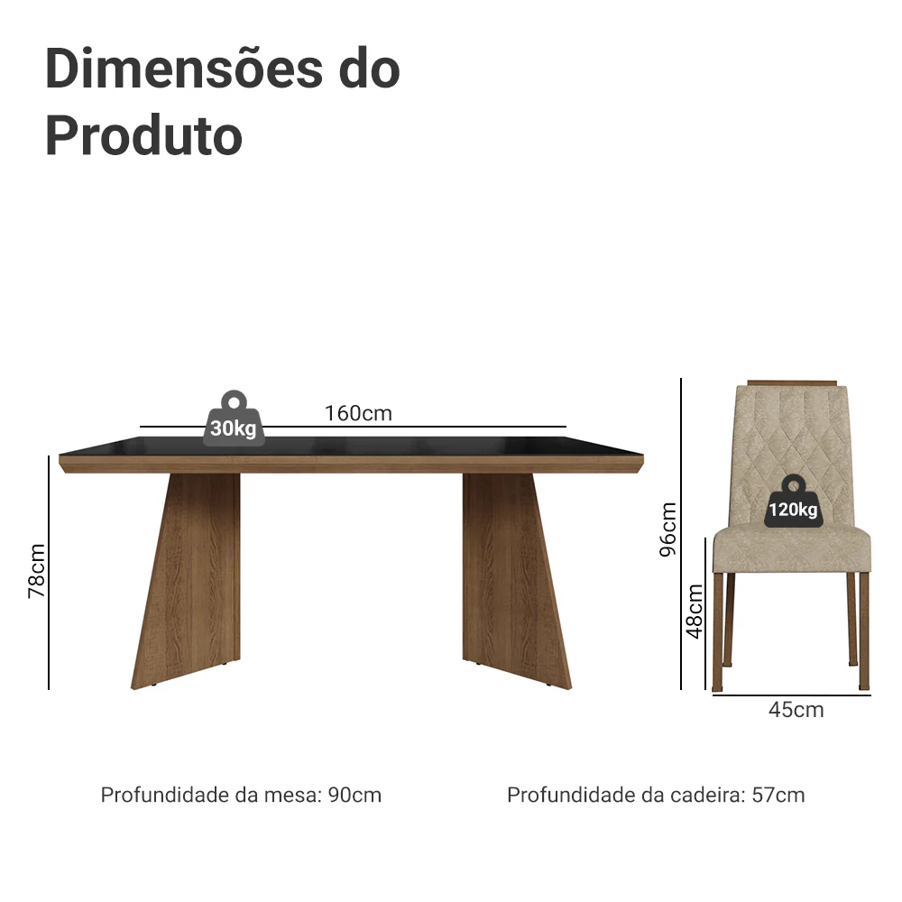 Conjunto Sala de Jantar Tampo com Vidro 6 Cadeiras Rustic/Preto/Imperial Pienza Madesa - Image 3