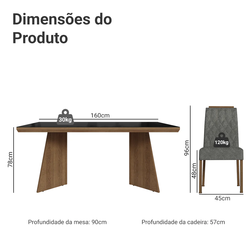 Conjunto Sala de Jantar Tampo com Vidro 6 Cadeiras Rustic/Preto/Silver Pienza Madesa - Image 3