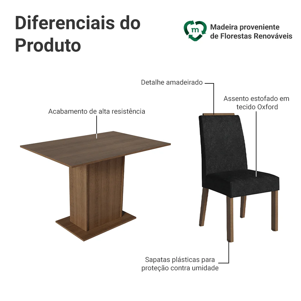Conjunto Sala de Jantar Tampo de Madeira 4 Cadeiras Rustic/Oxford Acácia Madesa - Image 4