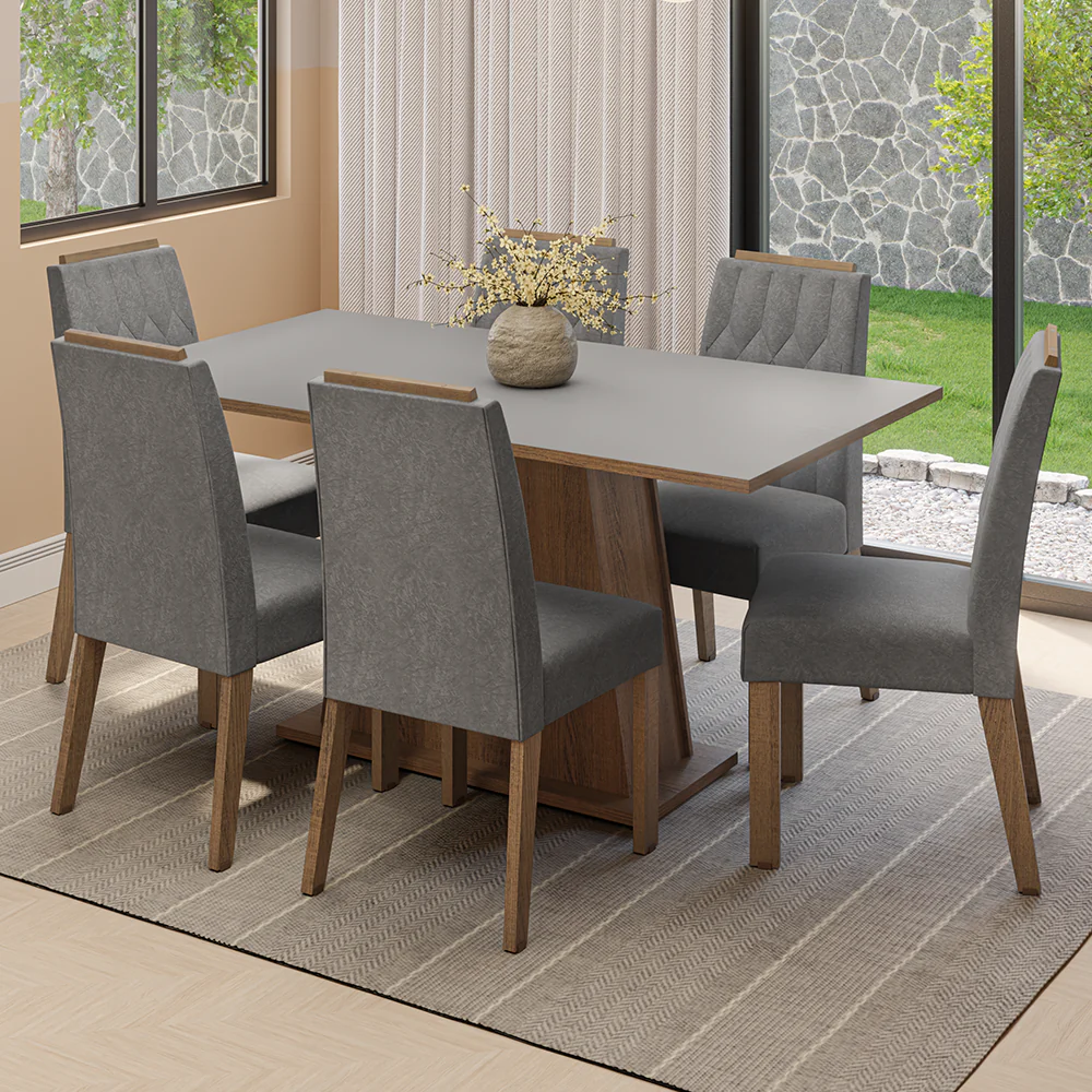 Conjunto Sala de Jantar Tampo de Madeira 6 Cadeiras Rustic/Cinza/Silver Cedro Madesa