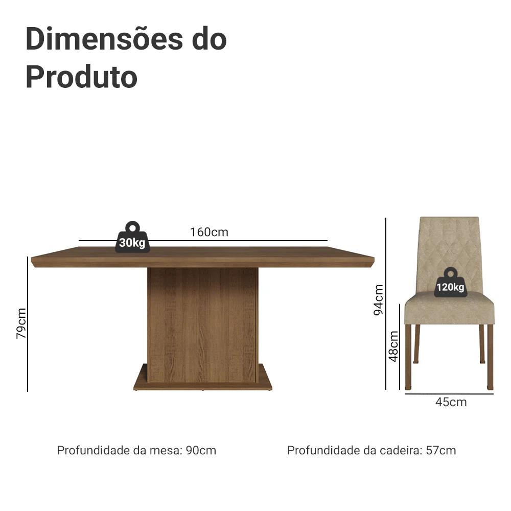 Conjunto Sala de Jantar Tampo de Madeira 6 Cadeiras Rustic/Imperial Luso Madesa - Image 3