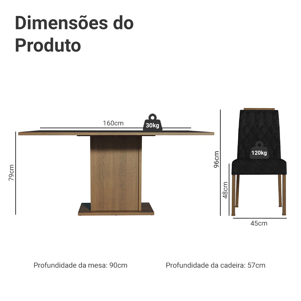Conjunto Sala de Jantar Tampo de Madeira 6 Cadeiras Rustic/Preto/Oxford Bosque Madesa - Image 3