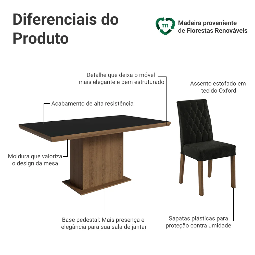 Conjunto Sala de Jantar Tampo de Madeira 6 Cadeiras Rustic/Preto/Oxford Luso Madesa - Image 4