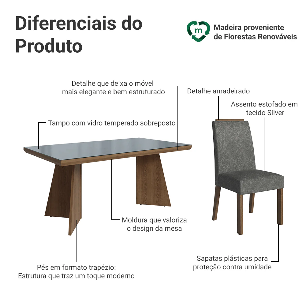 Conjunto Sala de Jantar Tampo com Vidro 4 Cadeiras Rustic/Cinza/Silver Todi Madesa - Image 4