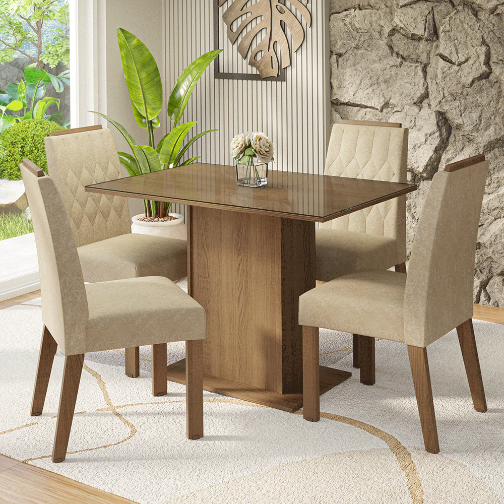 Conjunto Sala de Jantar Tampo de Vidro 4 Cadeiras Rustic/Imperial Pitanga Madesa