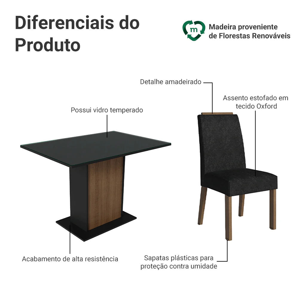 Conjunto Sala de Jantar Tampo de Vidro 4 Cadeiras Rustic/Preto/Oxford Jasmin Madesa - Image 4