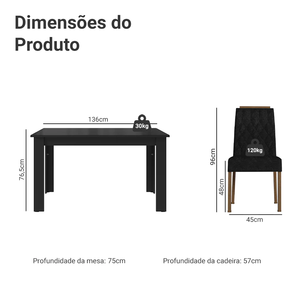 Conjunto Sala de Jantar Tampo de Vidro 4 Cadeiras Rustic/Preto/Oxford Pétala Madesa - Image 3