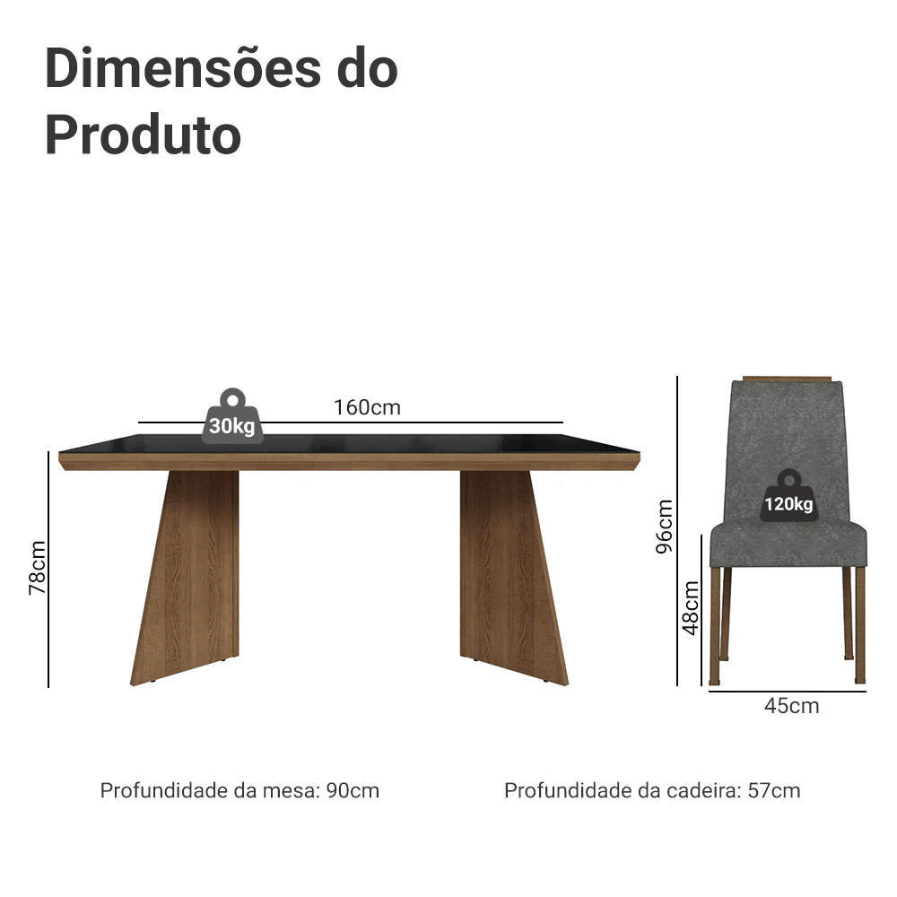 Conjunto Sala de Jantar Tampo com Vidro 4 Cadeiras Rustic/Preto/Silver Todi Madesa - Image 3