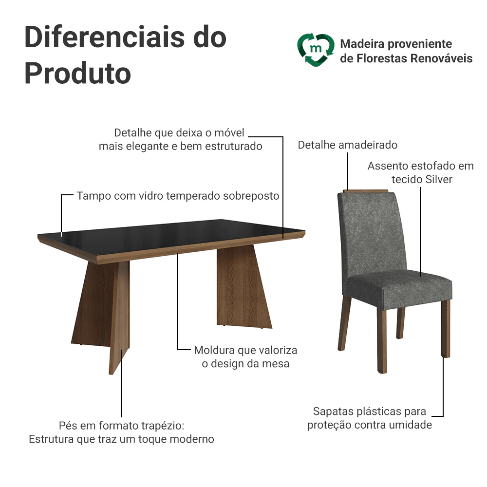 Conjunto Sala de Jantar Tampo com Vidro 4 Cadeiras Rustic/Preto/Silver Todi Madesa - Image 4