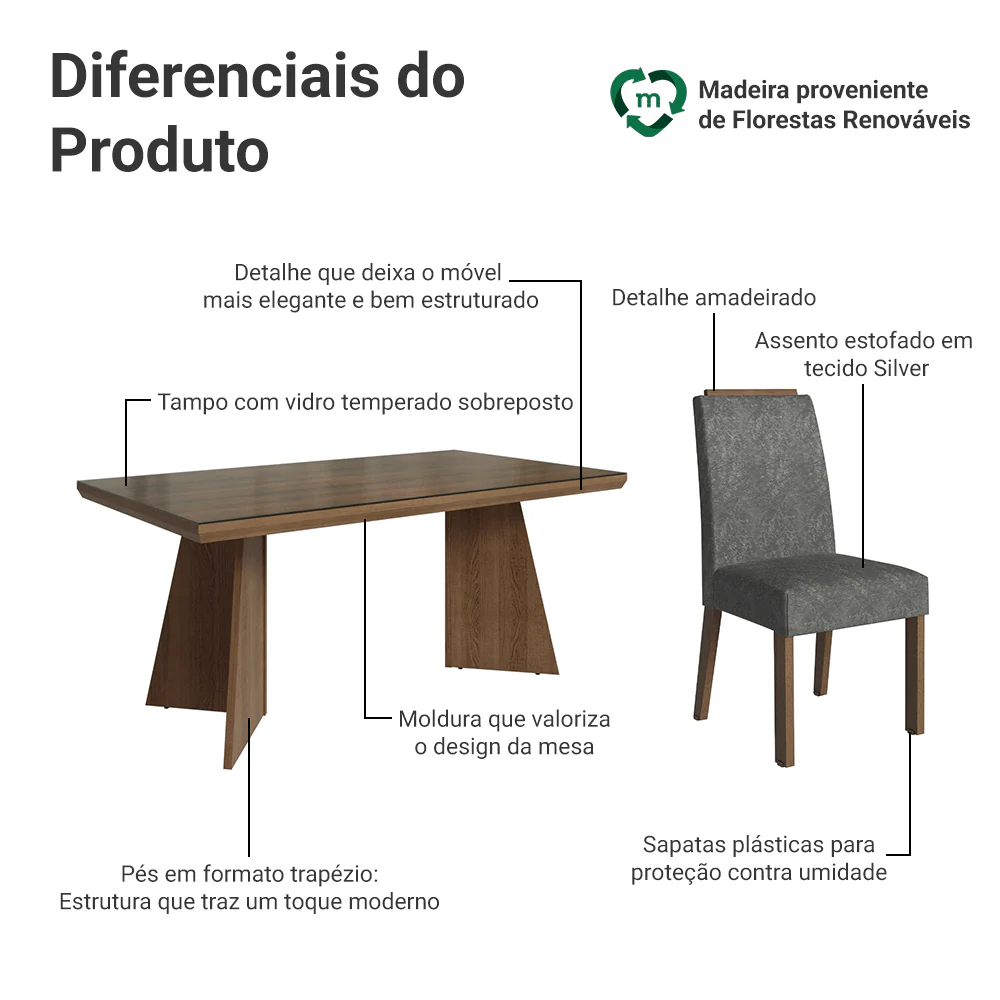Conjunto Sala de Jantar Tampo com Vidro 4 Cadeiras Rustic/Silver Todi Madesa - Image 4