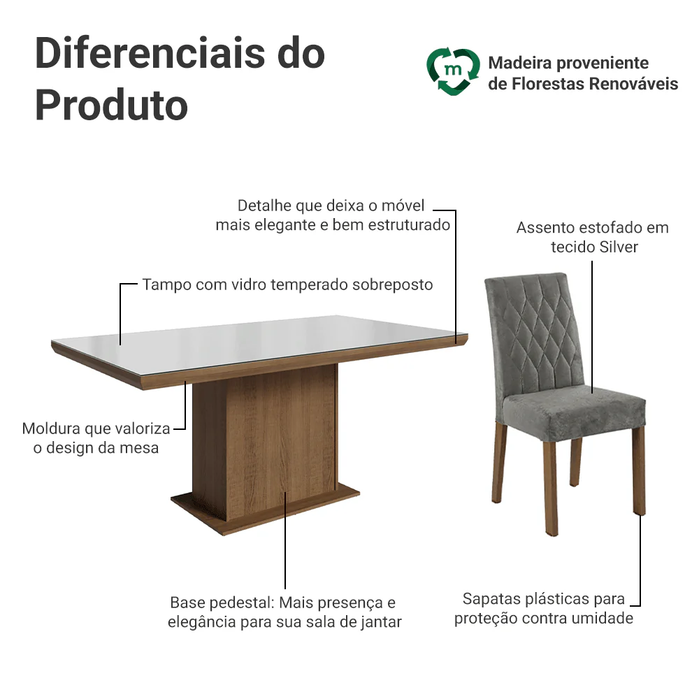 Conjunto Sala de Jantar Tampo com Vidro 6 Cadeiras Rustic/Branco/Silver Dinan Madesa - Image 4