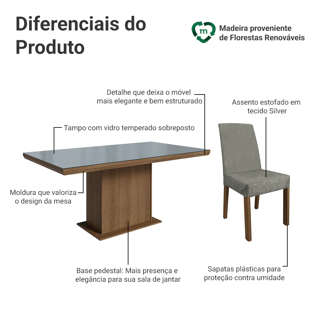 Conjunto Sala de Jantar Tampo com Vidro 6 Cadeiras Rustic/Cinza/Silver Alba Madesa - Image 4