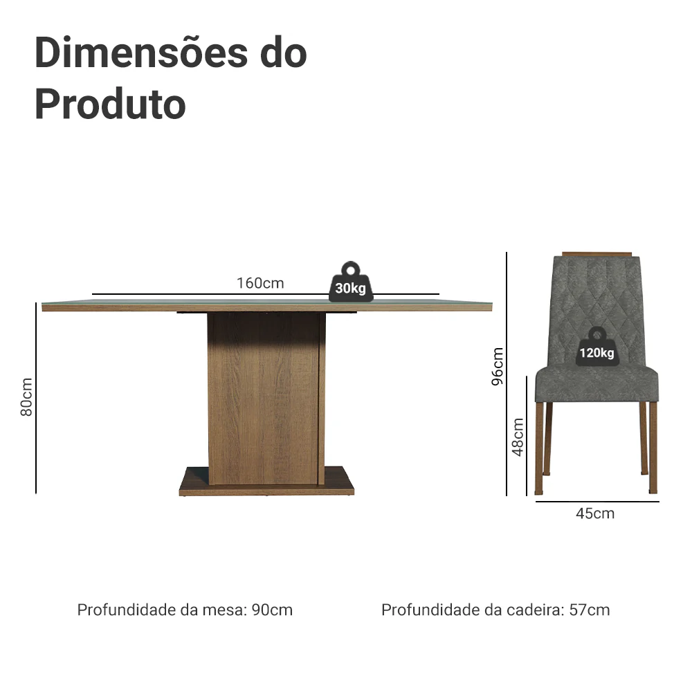 Conjunto Sala de Jantar Tampo de Vidro 6 Cadeiras Rustic/Cinza/Silver Azaleia Madesa - Image 3