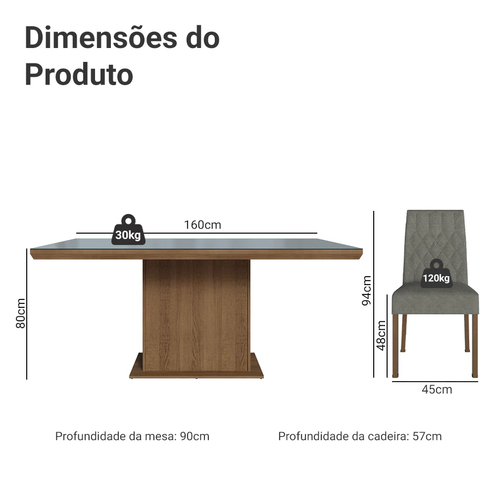 Conjunto Sala de Jantar Tampo com Vidro 6 Cadeiras Rustic/Cinza/Silver Dinan Madesa - Image 3
