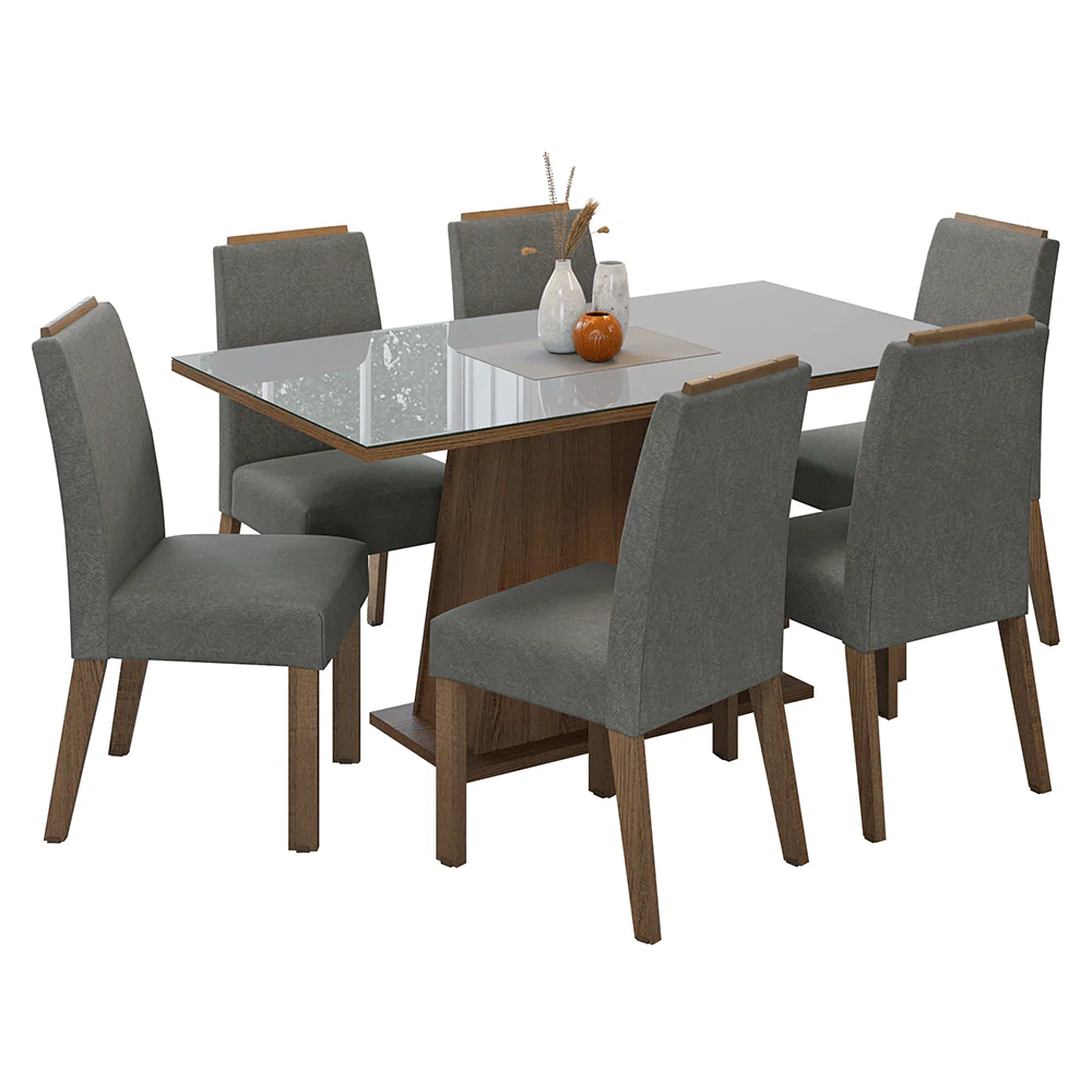 Conjunto Sala de Jantar Tampo de Vidro 6 Cadeiras Rustic/Cinza/Silver Tulipa Madesa - Image 2